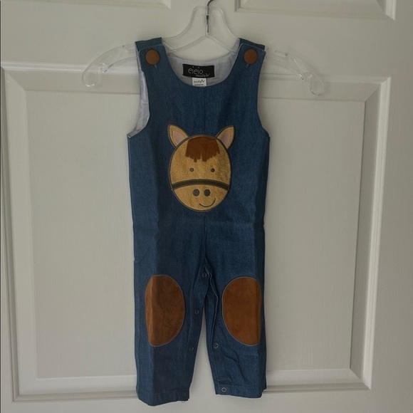 Mud Pie Denim Overalls with Brown Horse Design - Picture 1 of 13